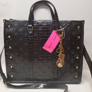 Betsey Johnson Black Croc-Embossed Tote Bag with Gold Accents